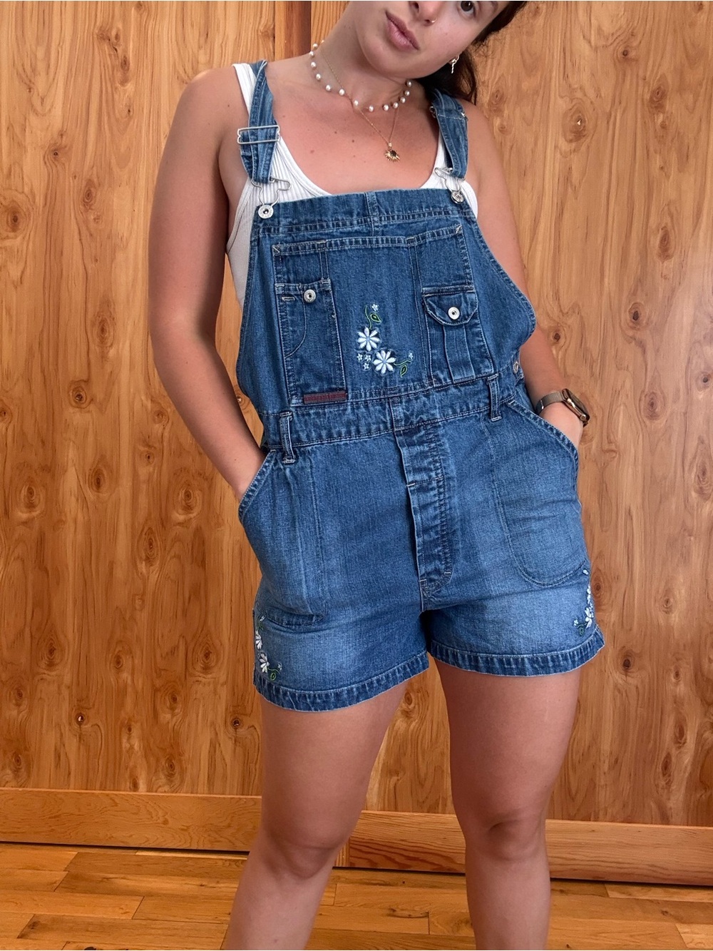 Vintage Route 66 Blue Denim Short Overalls with Daisy Embroidery